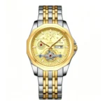 Octagon Hollow Chronograph Dual Calendar Men Spliced Steel Watch Multi-Function Business Waterproof Quartz Wristwatch