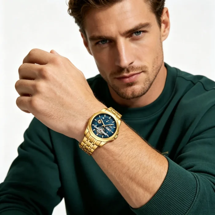Octagon Hollow Chronograph Dual Calendar Men Spliced Steel Watch Multi-Function Business Waterproof Quartz Wristwatch - Image 2