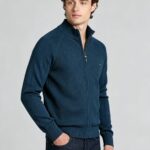 Men's Full Zip Stand Collar Diamond Textured Knit Cardigan Raglan Sleeve Warm Business Casual Knit Jacket