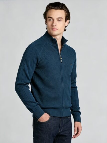 Men's Full Zip Stand Collar Diamond Textured Knit Cardigan Raglan Sleeve Warm Business Casual Knit Jacket