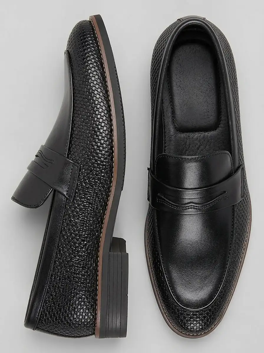 展示 Men's Woven Textured Penny Loafers Slip-On Mixed Material Casual Dress Shoes - Image 1