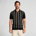 Contrast Vertical Stripe Zip Lapel Knit Polo, Vintage Slim Fit Casual Short Sleeve Top for Men - Image 2