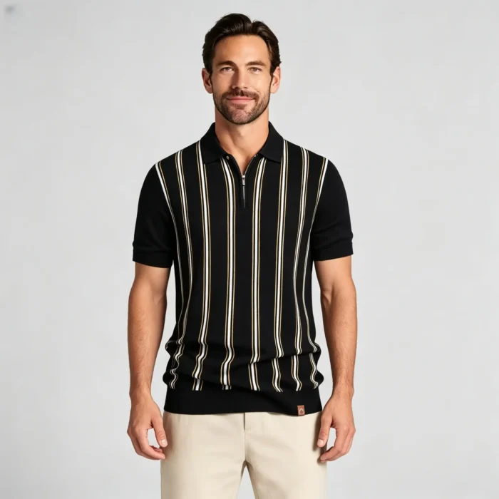 Contrast Vertical Stripe Zip Lapel Knit Polo, Vintage Slim Fit Casual Short Sleeve Top for Men - Image 2