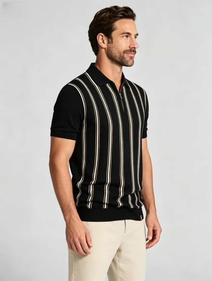 Contrast Vertical Stripe Zip Lapel Knit Polo, Vintage Slim Fit Casual Short Sleeve Top for Men - Image 3