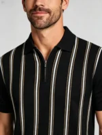 Contrast Vertical Stripe Zip Lapel Knit Polo, Vintage Slim Fit Casual Short Sleeve Top for Men - Image 4