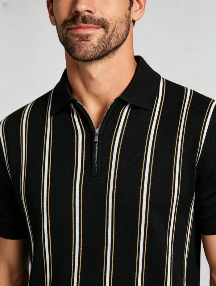 Contrast Vertical Stripe Zip Lapel Knit Polo, Vintage Slim Fit Casual Short Sleeve Top for Men - Image 4