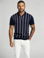 Contrast Vertical Stripe Zip Lapel Knit Polo, Vintage Slim Fit Casual Short Sleeve Top for Men - Image 6