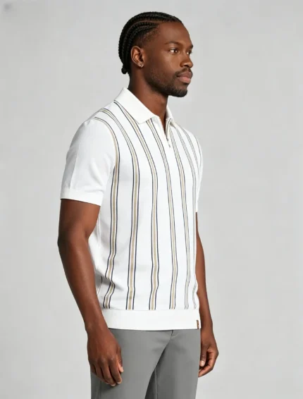 Contrast Vertical Stripe Zip Lapel Knit Polo, Vintage Slim Fit Casual Short Sleeve Top for Men