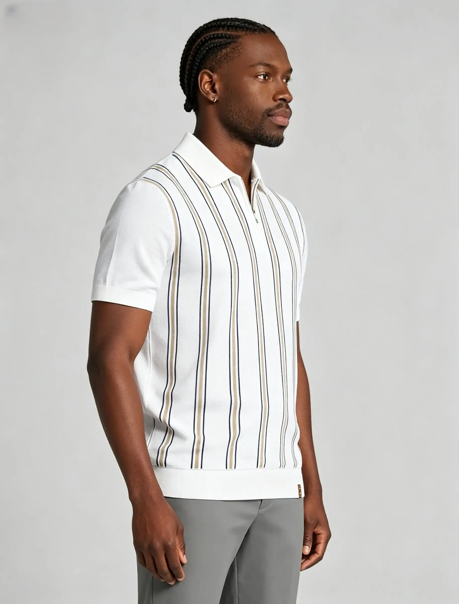 微信图片_20260609112424_14_4 Contrast Vertical Stripe Zip Lapel Knit Polo, Vintage Slim Fit Casual Short Sleeve Top for Men - Image 1