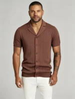 Notched Lapel Vertical Texture Open Knit Polo, Vintage Slim Fit Casual Short Sleeve Top for Men - Image 2