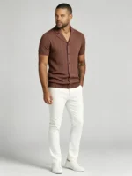 Notched Lapel Vertical Texture Open Knit Polo, Vintage Slim Fit Casual Short Sleeve Top for Men - Image 3
