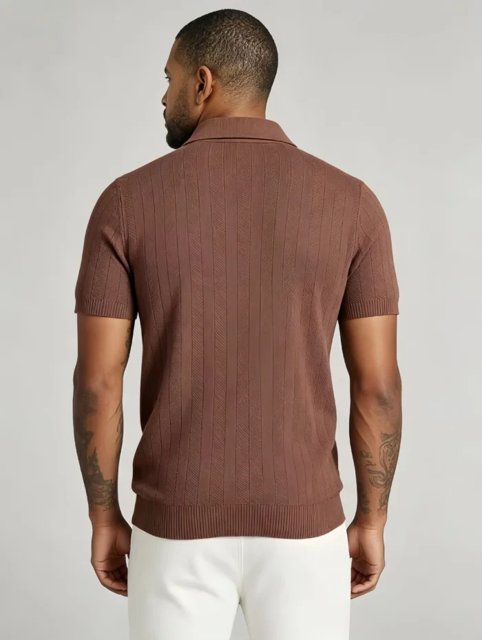Notched Lapel Vertical Texture Open Knit Polo, Vintage Slim Fit Casual Short Sleeve Top for Men - Image 4