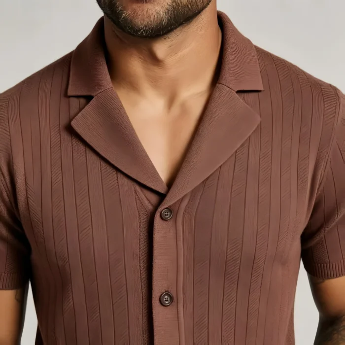 Notched Lapel Vertical Texture Open Knit Polo, Vintage Slim Fit Casual Short Sleeve Top for Men - Image 5