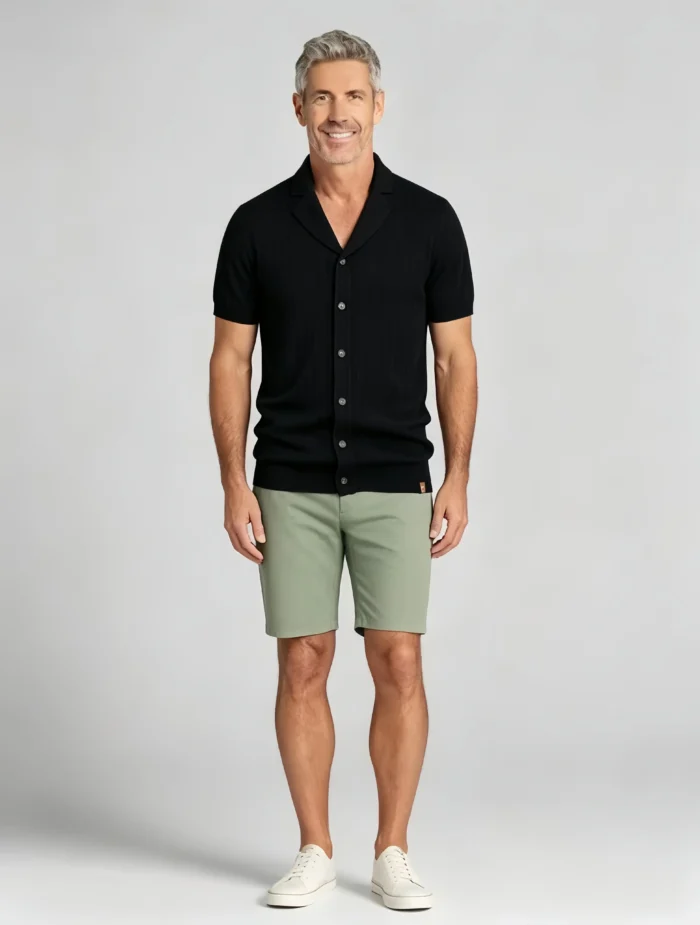 Notched Lapel Vertical Texture Open Knit Polo, Vintage Slim Fit Casual Short Sleeve Top for Men - Image 6