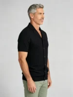 Notched Lapel Vertical Texture Open Knit Polo, Vintage Slim Fit Casual Short Sleeve Top for Men