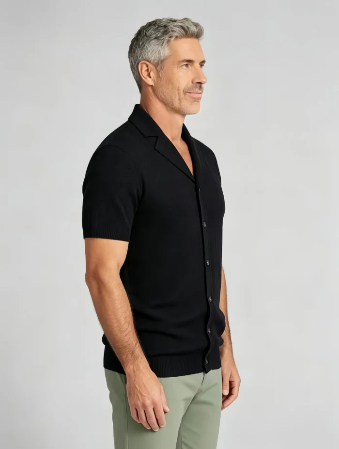 Notched Lapel Vertical Texture Open Knit Polo, Vintage Slim Fit Casual Short Sleeve Top for Men - Image 9