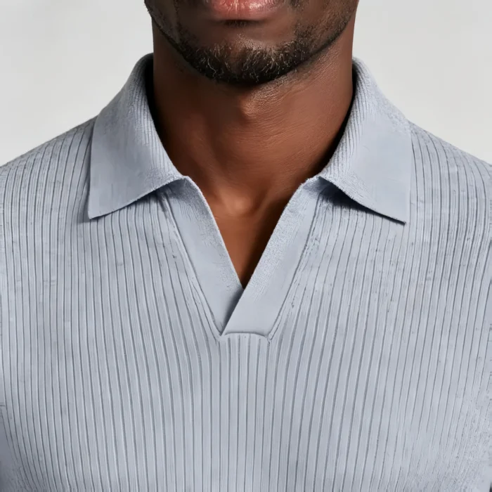 Solid Vertical Rib V Notch Knit Polo, Breathable Casual Short Sleeve Top for Men - Image 8