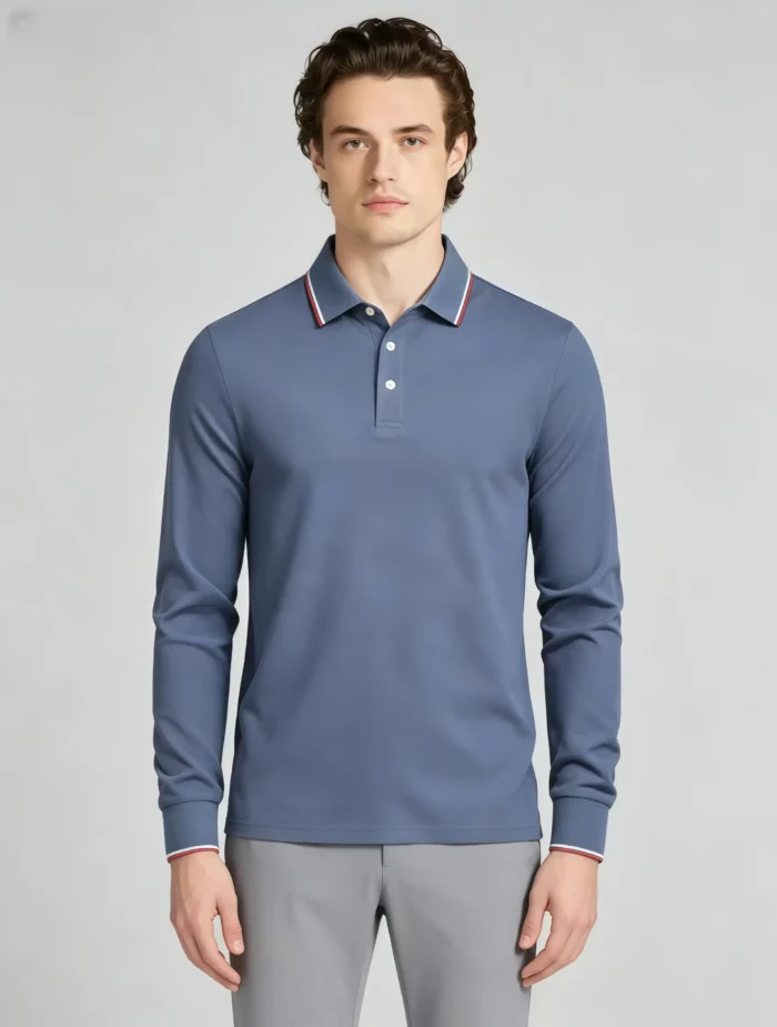 Color Striped Trim Lapel Long Sleeve Polo, Slim Fit Casual Long Sleeve Top for Men - Image 18
