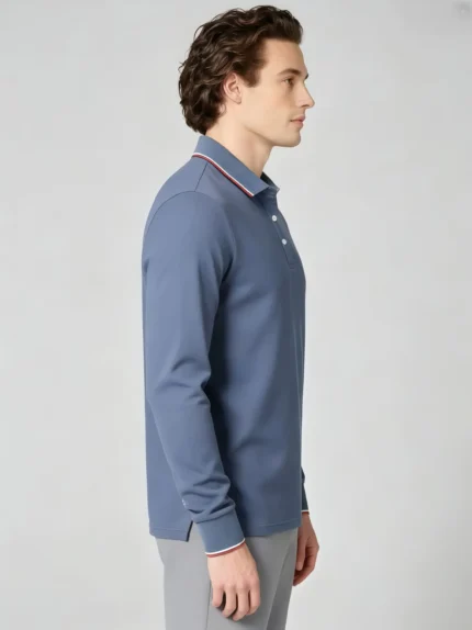 Color Striped Trim Lapel Long Sleeve Polo, Slim Fit Casual Long Sleeve Top for Men