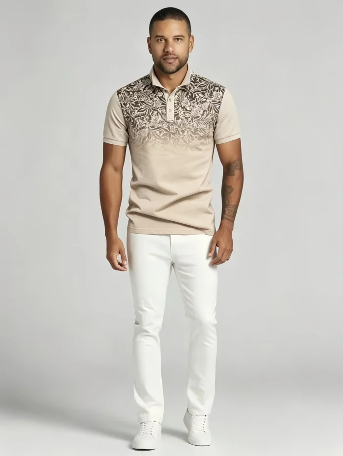 Gradient Floral Print Lapel Polo, Slim Fit Vacation Casual Short Sleeve Top for Men - Image 2