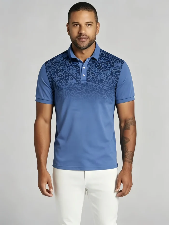 Gradient Floral Print Lapel Polo, Slim Fit Vacation Casual Short Sleeve Top for Men - Image 6