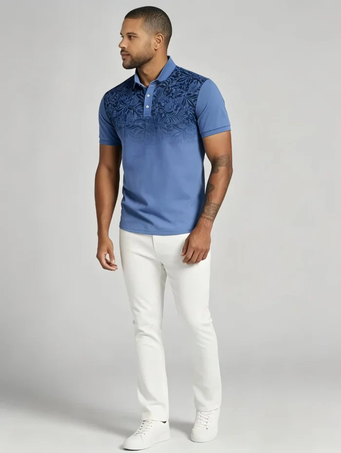 Gradient Floral Print Lapel Polo, Slim Fit Vacation Casual Short Sleeve Top for Men - Image 9