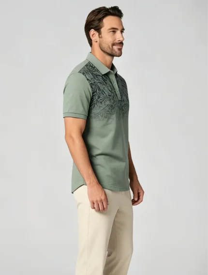 Gradient Floral Print Lapel Polo, Slim Fit Vacation Casual Short Sleeve Top for Men