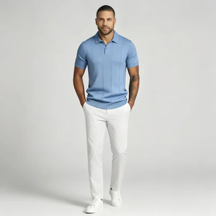 Vertical Cable Textured Lapel Knit Polo, Slim Fit Breathable Casual Short Sleeve Top for Men - Image 13