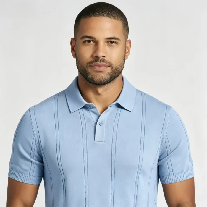 Vertical Cable Textured Lapel Knit Polo, Slim Fit Breathable Casual Short Sleeve Top for Men - Image 12