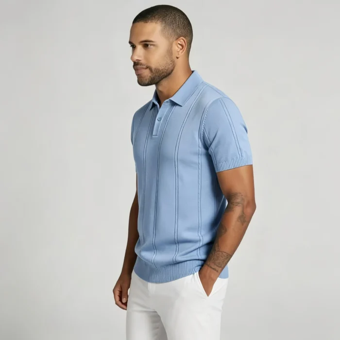 Vertical Cable Textured Lapel Knit Polo, Slim Fit Breathable Casual Short Sleeve Top for Men - Image 11