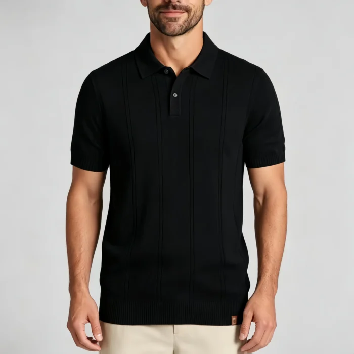Vertical Cable Textured Lapel Knit Polo, Slim Fit Breathable Casual Short Sleeve Top for Men - Image 9
