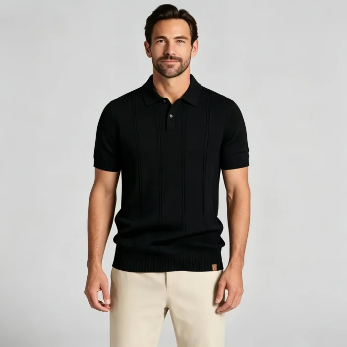Vertical Cable Textured Lapel Knit Polo, Slim Fit Breathable Casual Short Sleeve Top for Men - Image 8