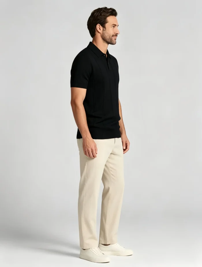 Vertical Cable Textured Lapel Knit Polo, Slim Fit Breathable Casual Short Sleeve Top for Men - Image 7