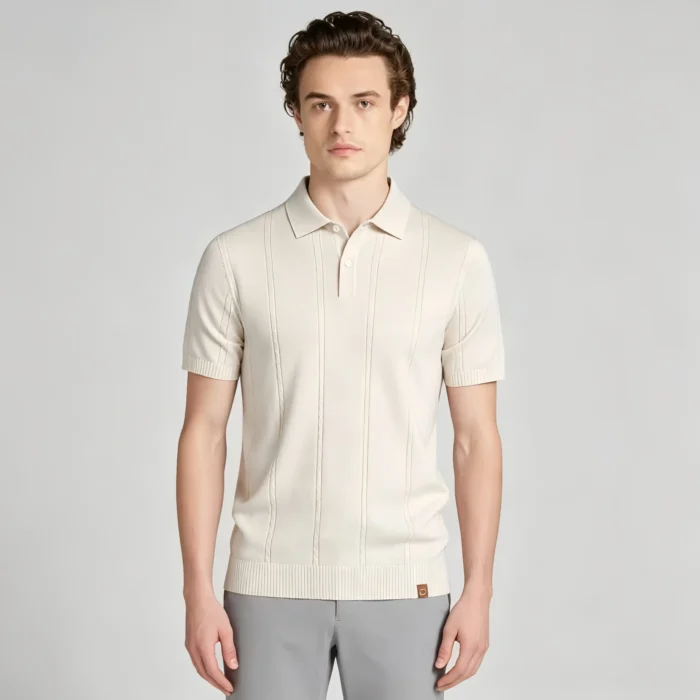 Vertical Cable Textured Lapel Knit Polo, Slim Fit Breathable Casual Short Sleeve Top for Men - Image 5