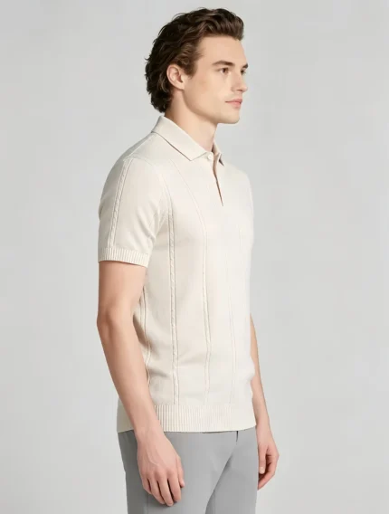 Vertical Cable Textured Lapel Knit Polo, Slim Fit Breathable Casual Short Sleeve Top for Men