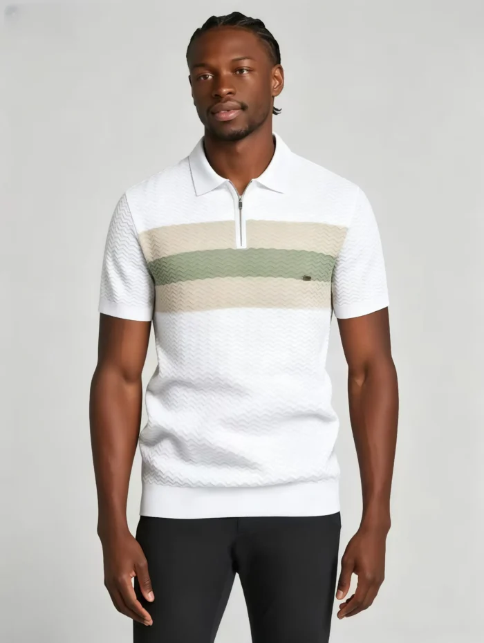 Horizontal Striped Texture Zip Lapel Polo, Slim Fit Breathable Casual Short Sleeve Top for Men - Image 6