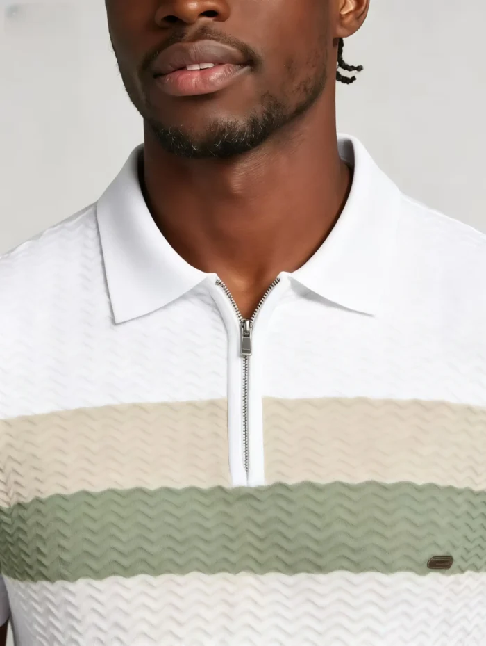 Horizontal Striped Texture Zip Lapel Polo, Slim Fit Breathable Casual Short Sleeve Top for Men - Image 8