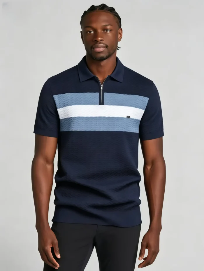 Horizontal Striped Texture Zip Lapel Polo, Slim Fit Breathable Casual Short Sleeve Top for Men - Image 2