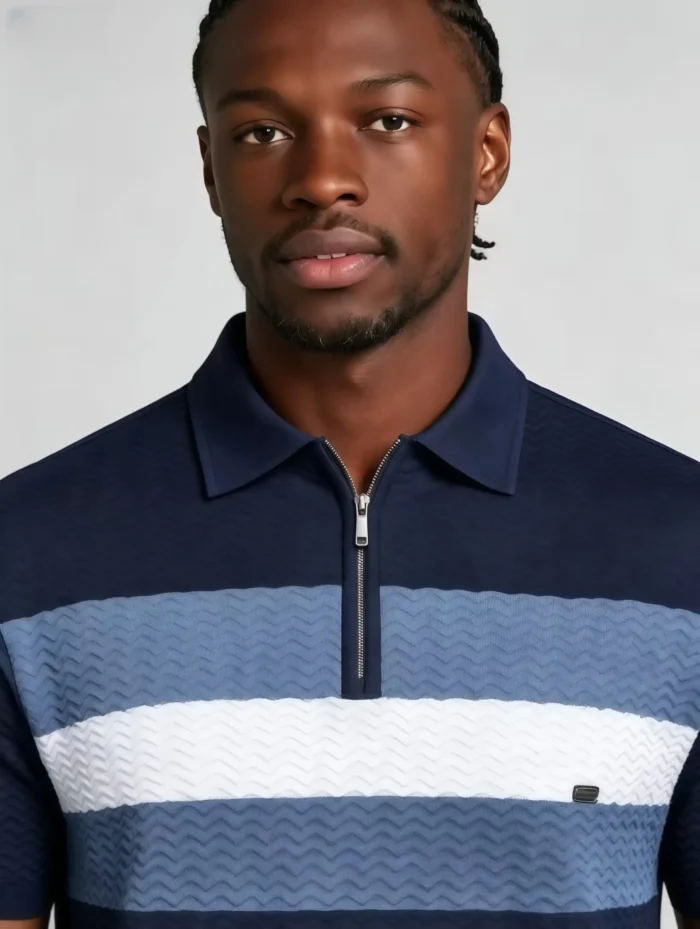 Horizontal Striped Texture Zip Lapel Polo, Slim Fit Breathable Casual Short Sleeve Top for Men - Image 4