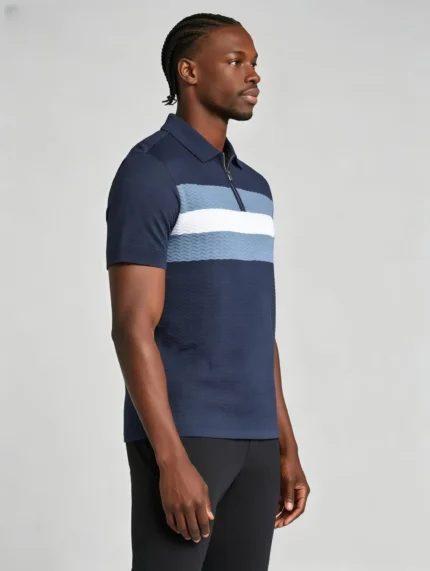 Horizontal Striped Texture Zip Lapel Polo, Slim Fit Breathable Casual Short Sleeve Top for Men