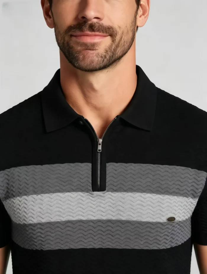 Horizontal Striped Texture Zip Lapel Polo, Slim Fit Breathable Casual Short Sleeve Top for Men - Image 11