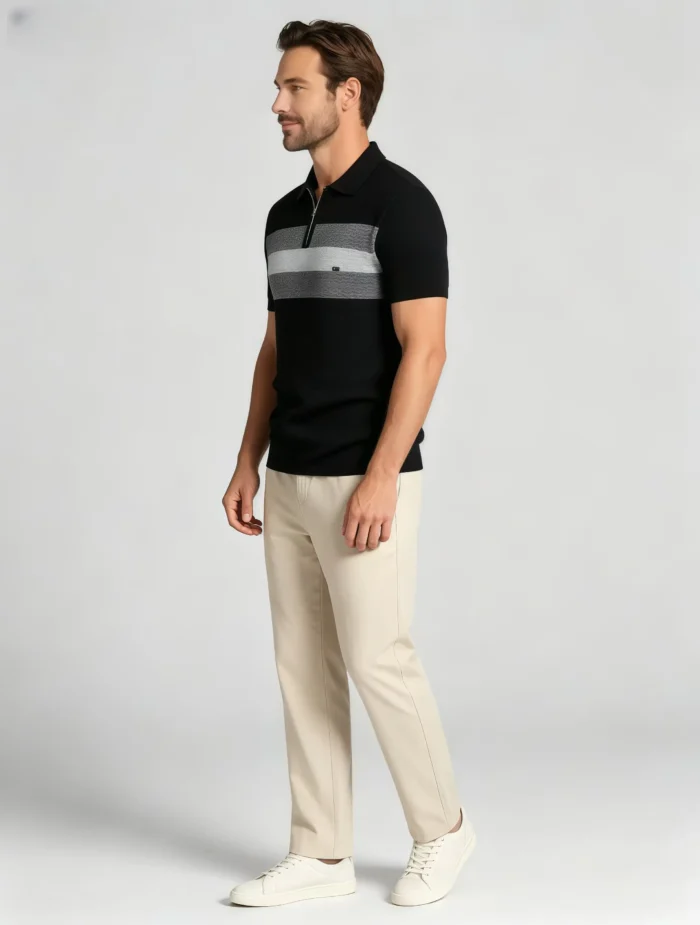 Horizontal Striped Texture Zip Lapel Polo, Slim Fit Breathable Casual Short Sleeve Top for Men - Image 12