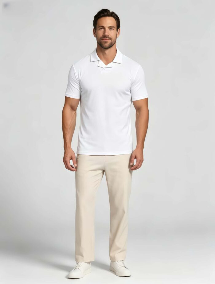 Soft Stretch Solid Buttonless Polo, V Notch Collar Short Sleeve All-Match Shirt for Business Casual Wear - Image 6