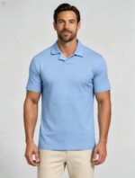 Soft Stretch Solid Buttonless Polo, V Notch Collar Short Sleeve All-Match Shirt for Business Casual Wear - Image 14