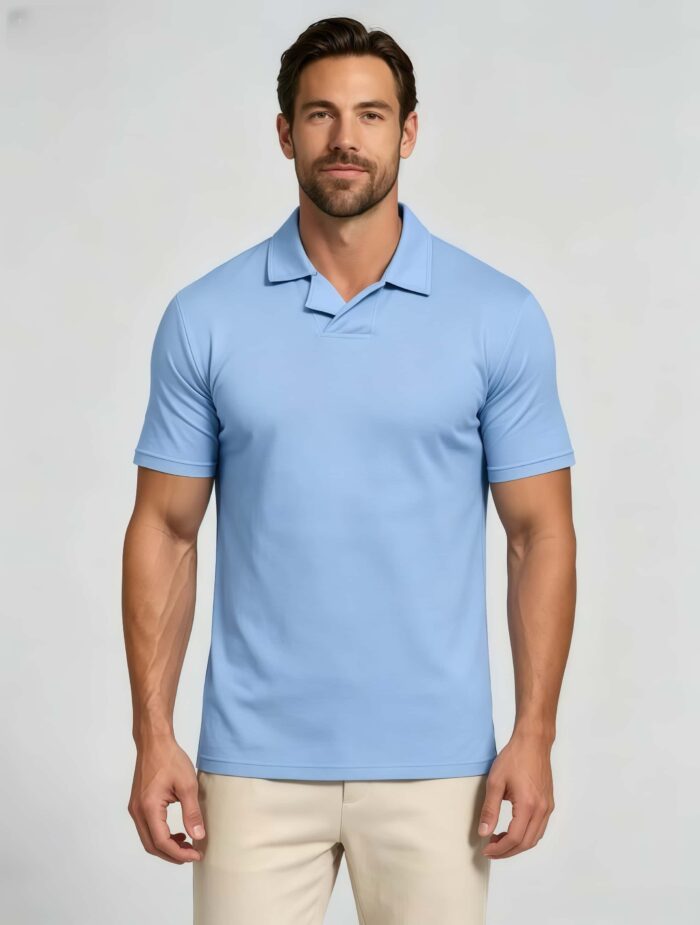 Soft Stretch Solid Buttonless Polo, V Notch Collar Short Sleeve All-Match Shirt for Business Casual Wear - Image 14