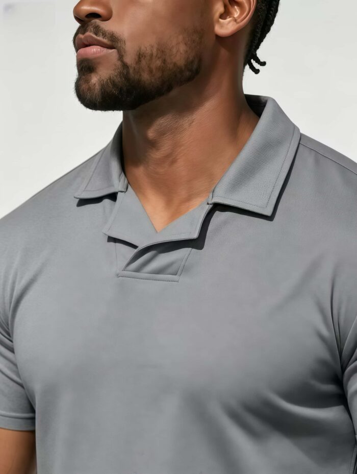Soft Stretch Solid Buttonless Polo, V Notch Collar Short Sleeve All-Match Shirt for Business Casual Wear - Image 24