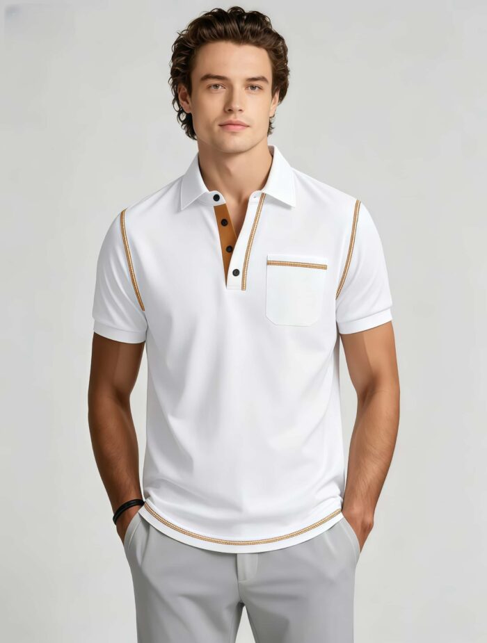 Luxury Contrast Stitch Trim Collared Pocket Polo, Solid Slim Fit Short Sleeve Minimalist Pullover for Men - Image 6