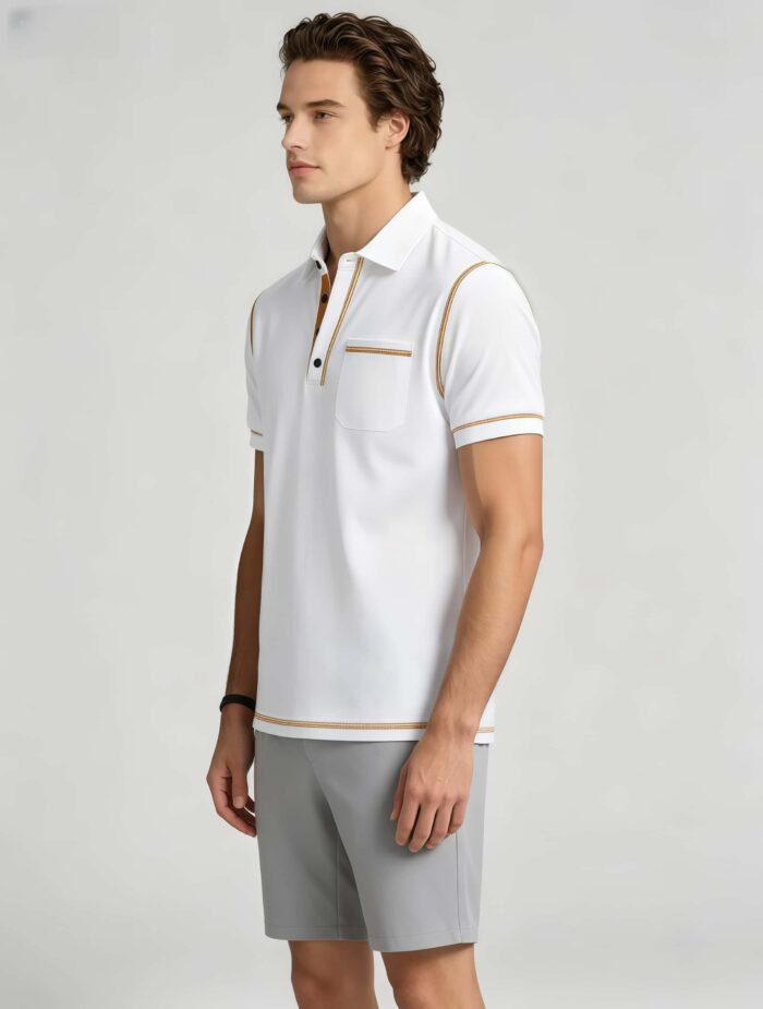 Luxury Contrast Stitch Trim Collared Pocket Polo, Solid Slim Fit Short Sleeve Minimalist Pullover for Men - Image 7