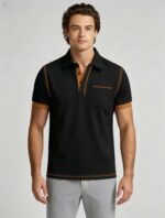 Luxury Contrast Stitch Trim Collared Pocket Polo, Solid Slim Fit Short Sleeve Minimalist Pullover for Men - Image 10