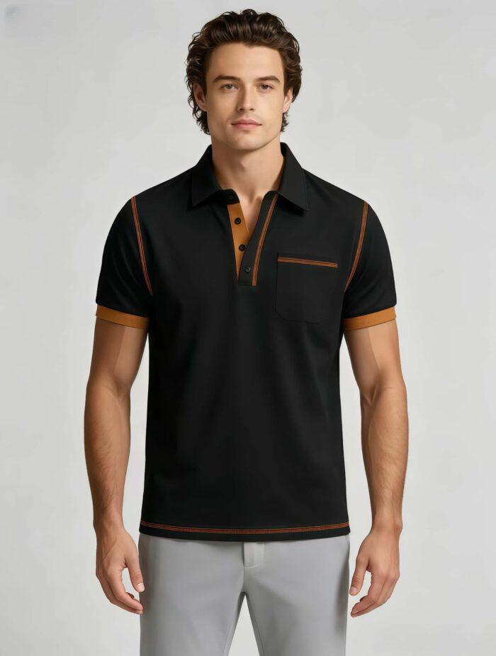 Luxury Contrast Stitch Trim Collared Pocket Polo, Solid Slim Fit Short Sleeve Minimalist Pullover for Men - Image 10